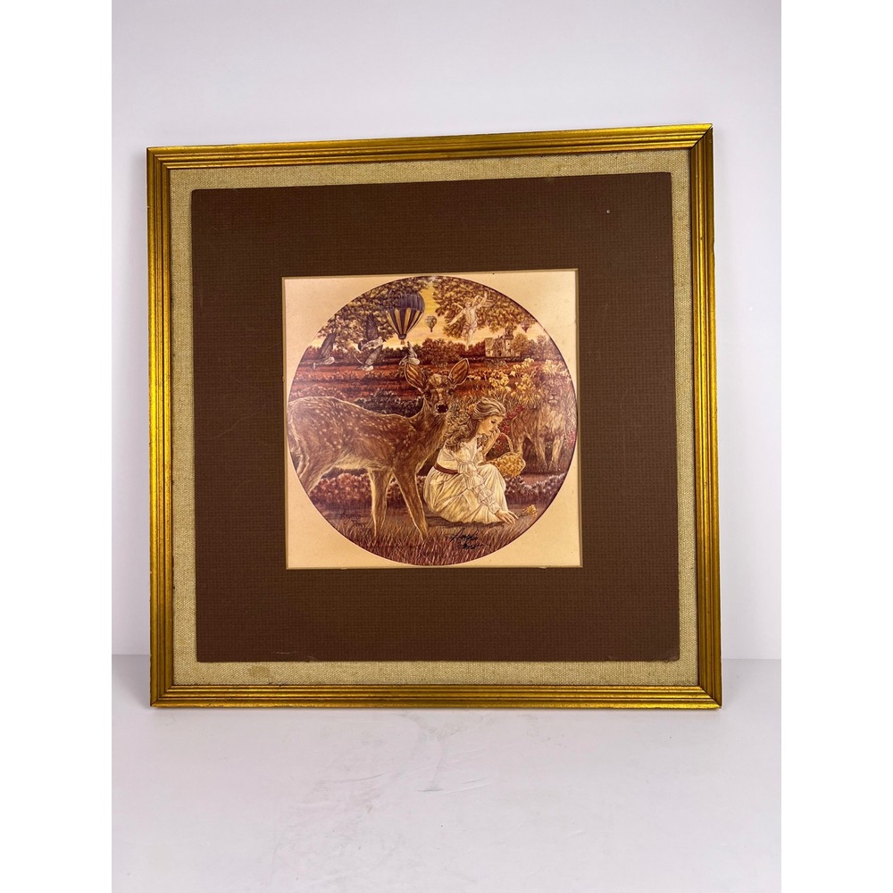 Signed Artwork Print Angelica Jones 1978 Deer‎ Lion Girl Angel Landscape